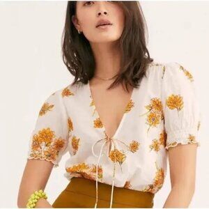Free People Yellow Floral Printed Short Sleeve Bodysuit  - Size M